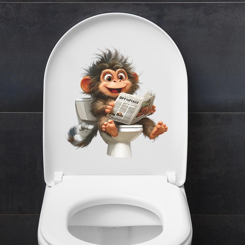 Funny Monkey Reading Newspaper On Toilet Seat Sticker Bathroom Decor Removable Self-Adhesive Decal