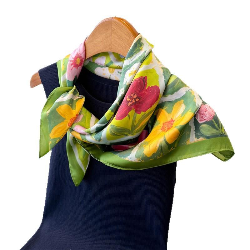 Fresh Oil Painting Style High-end Printed Silk Scarf Imitation Square Versatile Shawl Neck Small Headscarf