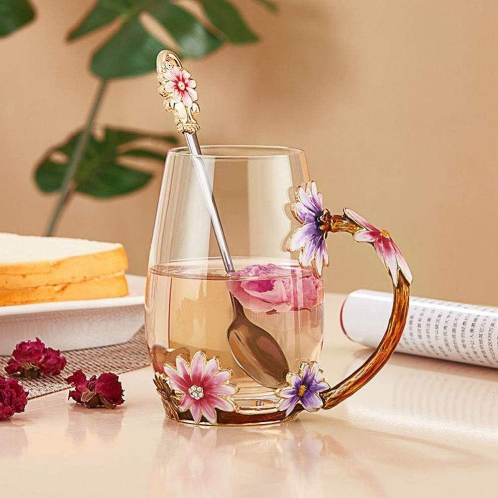 Vintage Glass Coffee Mugs Elegant Flower Tea Cup Set Fancy Transparent Glass Teacup  Birthday