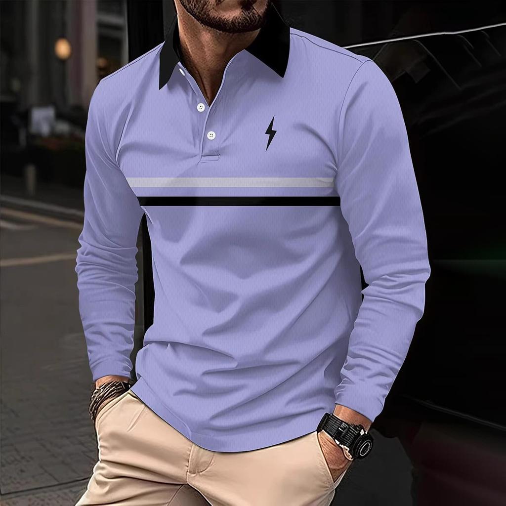 Lässiges Herren-Poloshirt mit langen Ärmeln, atmungsaktiv und bequem, geeignet für gestreifte Druckgrafiken und Golfer-Gra