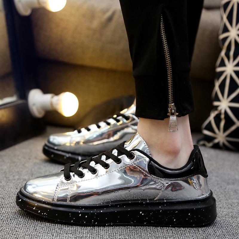 Luxury Men Casual Sneakers Silver Blue Mirror Shoes for Glitter Leather Shoes Punk Style Streetwear Glossy Mirrors Sneakers