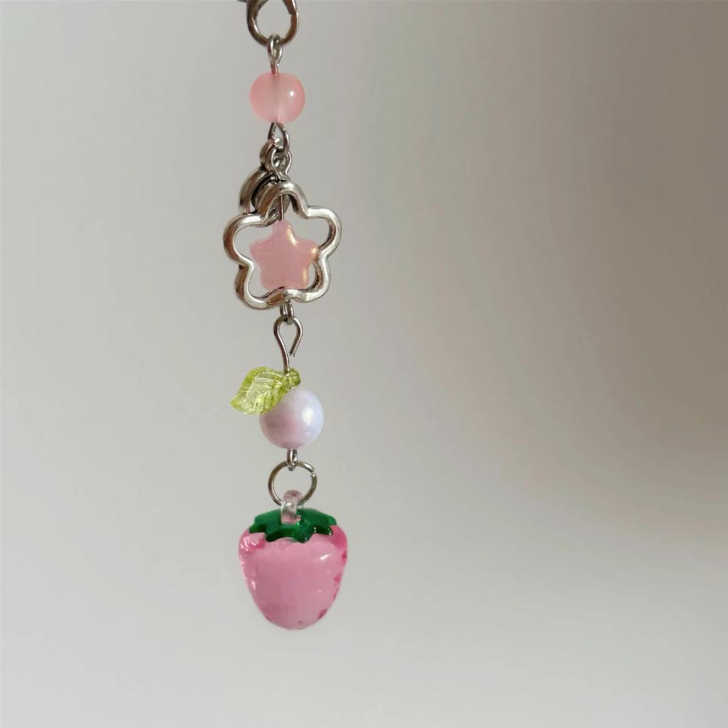 Sweet Strawberry Cake Bowknot Phone Strap Charm Landyard Keychain Keycord For Girl Woman Bag Camera Pendant For Airpods Case