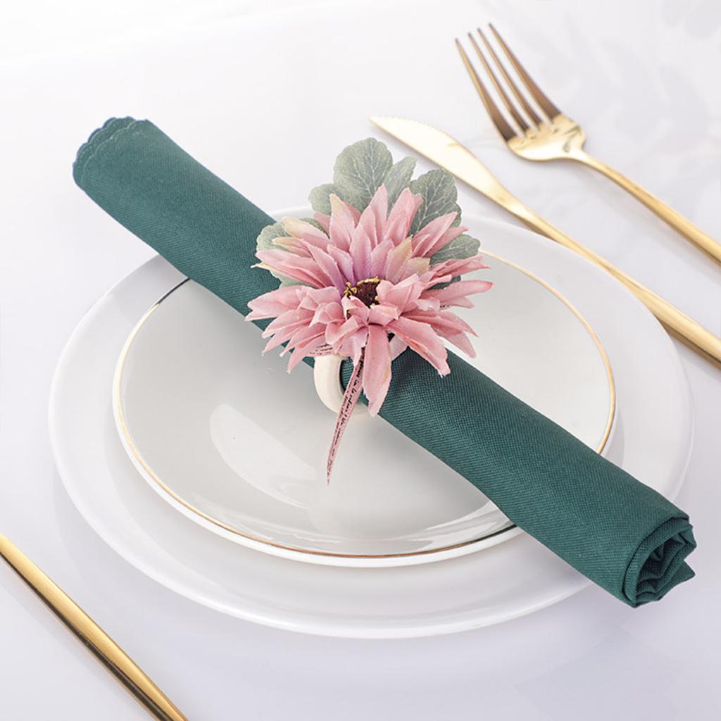 Napkin Ring Holder Artificial 3D Flower Buckle Dining Table Decoration 4.6cm Dia Loop with Hemp Rope 9.5x8x7cm Pink