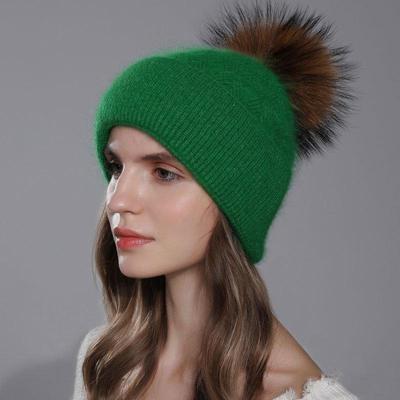Women's Winter Angora Rabbit Hair Knitting Fried Dough Twist Double Layer Flanging Raccoon Fur Ball Wool Hat