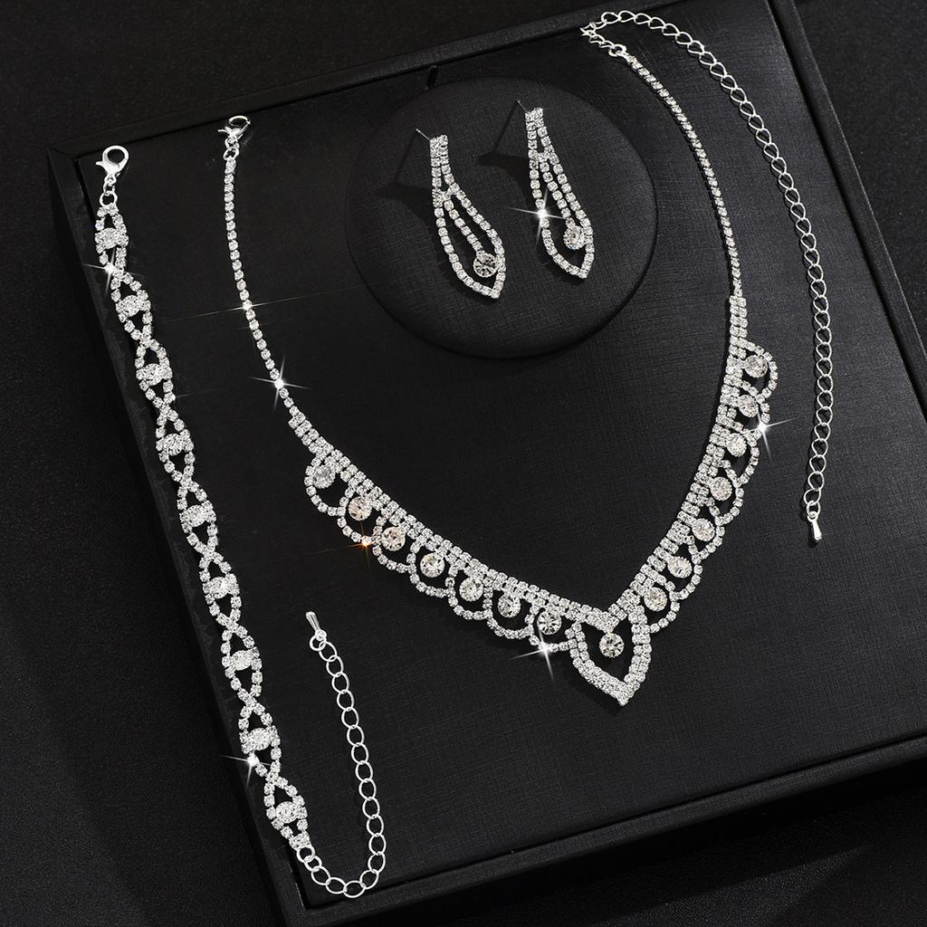 Lace Circle Rhinestone Women's Silver Necklace Earrings Bracelet Ring Four-piece Wedding Photography