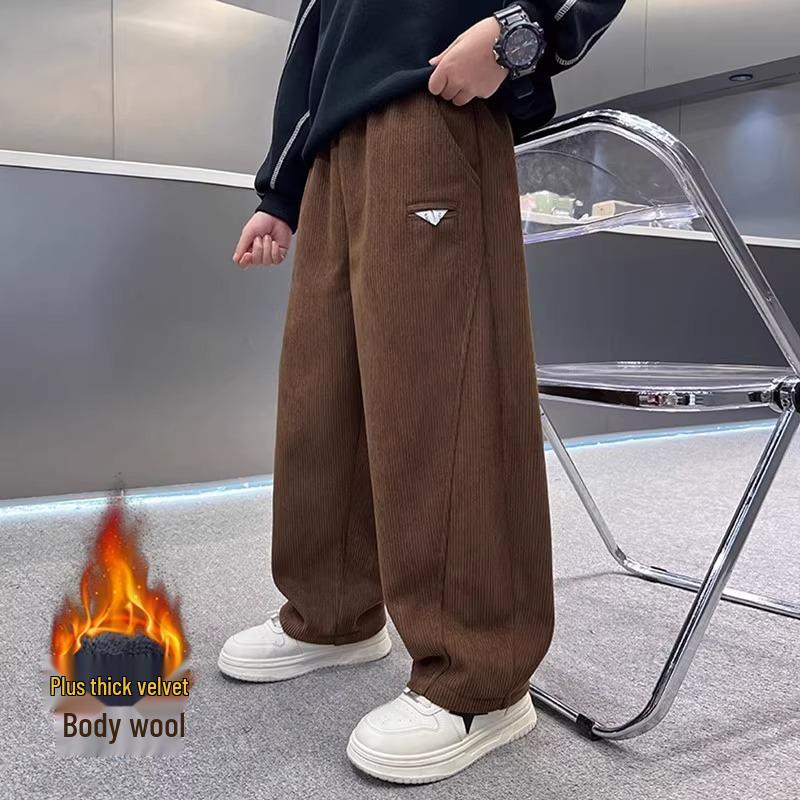 Winter 2026 Boys' Fleece-Lined Wide-Leg Sweatpants for Middle & Big Kids - Straight Leg Sports Pants Great for Autumn & Winter