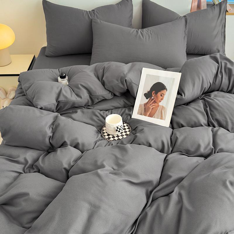 Conjunto de Roupa de Cama Simples de Algodão Lavado Duplamente Torcido - Lençol de Elástico e Capa de Cor Lisa