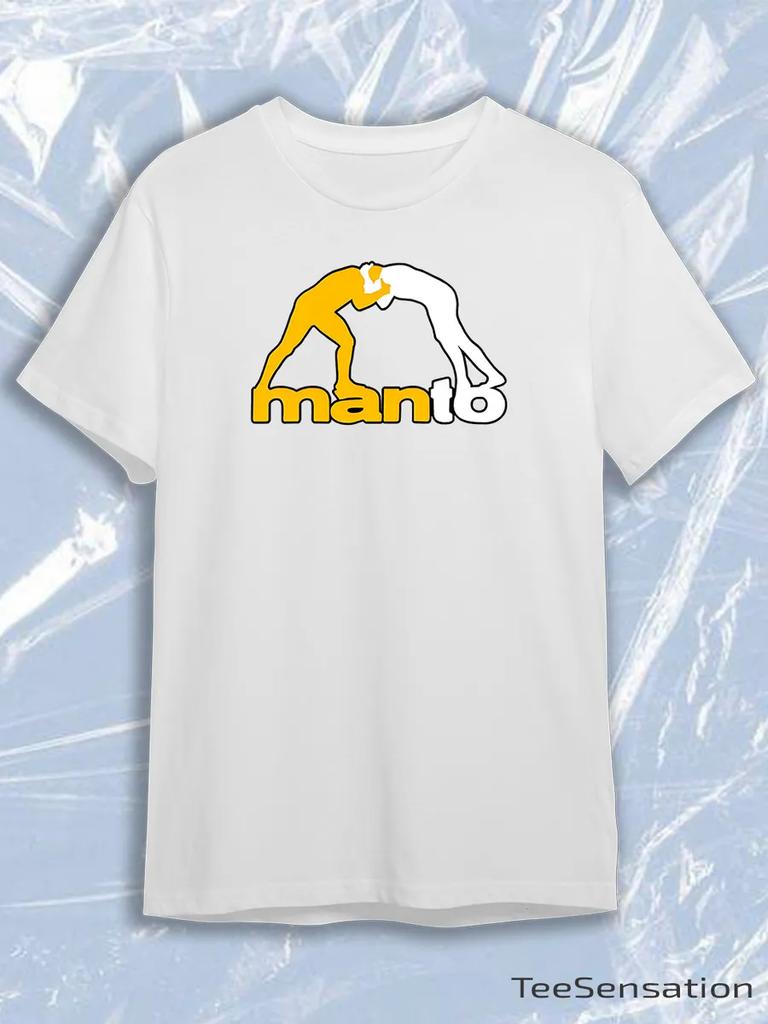 Manto Weißes Rundhals-Kurzarm-T-Shirt mit geteiltem Gelb-Schwarzem Umriss Wrestling-Kämpfer Logo