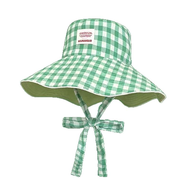 Women Sun Hat Sweet Plaid Wide Edge Fisherman Hat Outdoor Sun Protection Hat Travel Lace Up Hiking Large Brim Beach 5 Colors