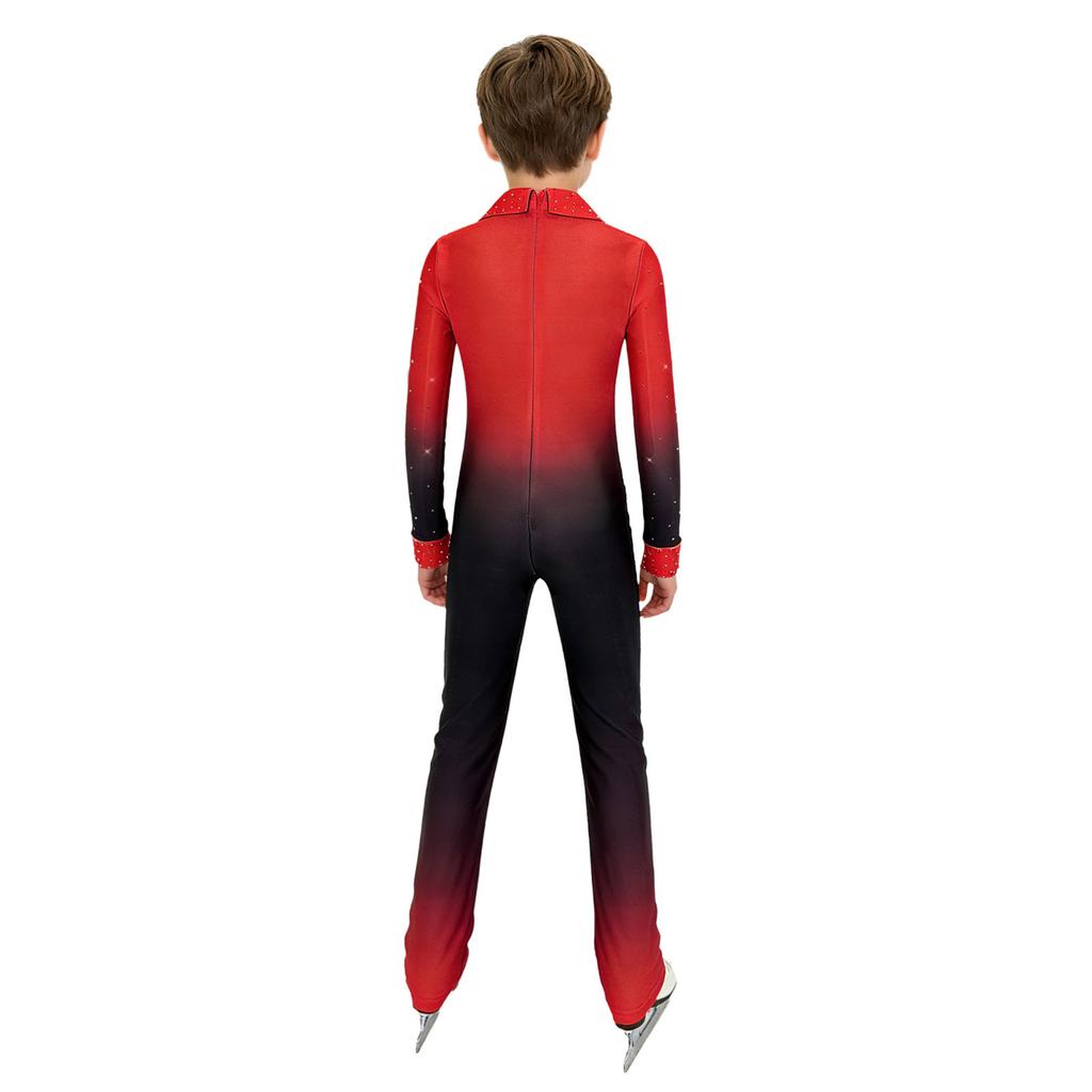 Boys Sparkly Rhinestones Full Body Jumpsuit Long Sleeve Long Pants Color Gradient Figure Skating Dance Bodysuit