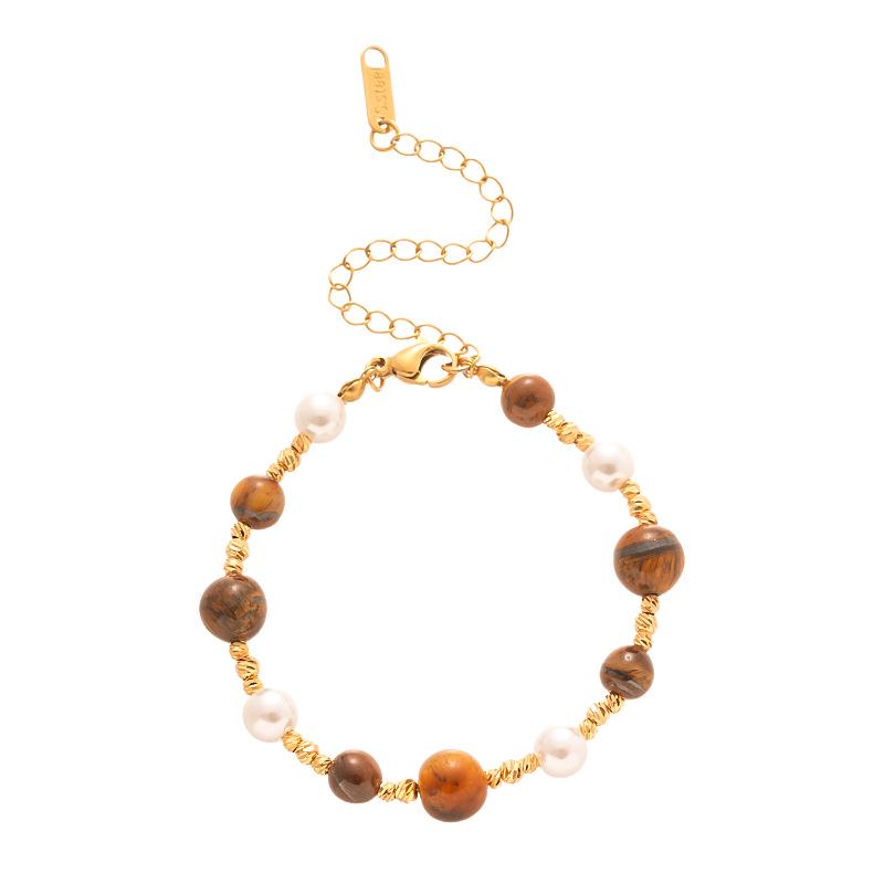 Retro Bransoletka z Imitacją Tygrysiego Oka i Imitacją Perły, Pozłacana, Ekskluzywna Biżuteria Modowa dla Kobiet.