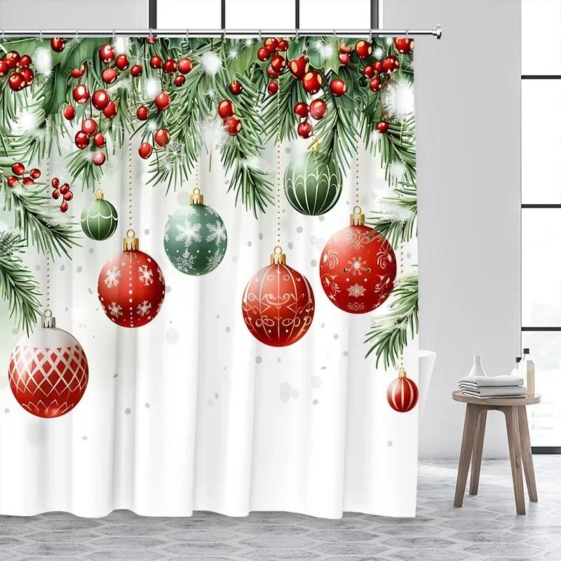 Christmas Balls Shower Curtain Green Pine Boughs Gold Stars Snowflakes New Year Xmas Bath Curtain Home Bathroom Decor With Hooks
