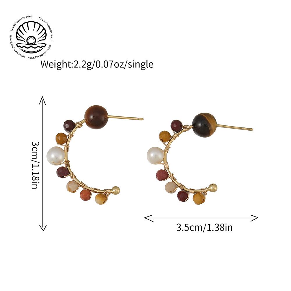 GEMCHIC Women s Natural Freshwater Pearl and Tiger Eye Stone Earrings, Geometric Arc Design, Gold Plated, New Chinese Style