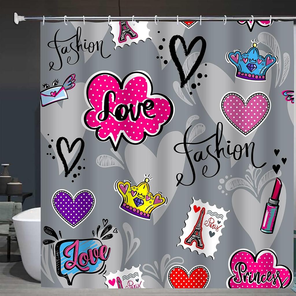 Abstract for Girl Teenagers with Lipstick Patch Badges Paris Eiffel Tower Home Decor Shower Curtain Sets with Hooks Polyester
