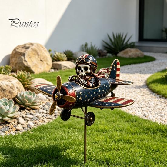 Gift for Gardening Enthusiasts Metal Skeleton Pilot Airplane Wind Spinner with Ground Stake, Vintage American Flag Garden Style Accessory Yard Rustic