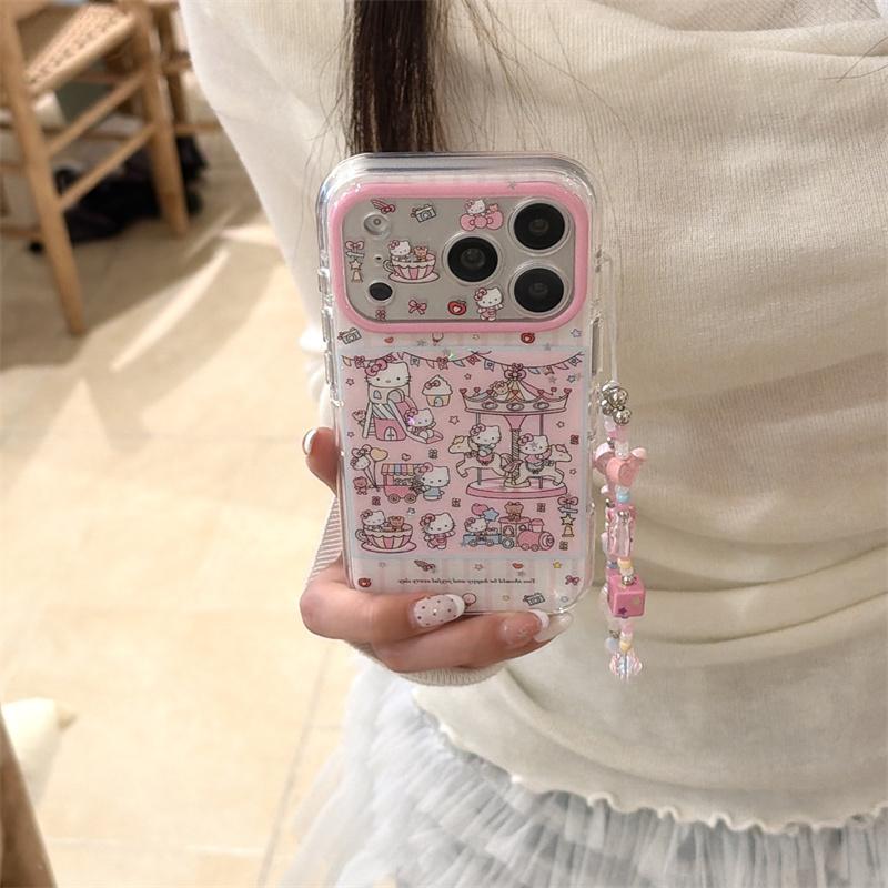Kawaii Pink Cate Amusement Park Clear Case For iPhone 17 16 15 14 Pro Max with Beaded Chain Double Layer Glitter Shockproof Case