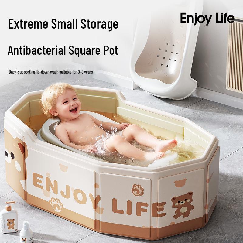 Eco-Friendly Portable Folding Baby Bathtub: Thick, Insulated, Large Sit & Lie Design with Quick Open, No Installation Required, Cartoon Patterned.
