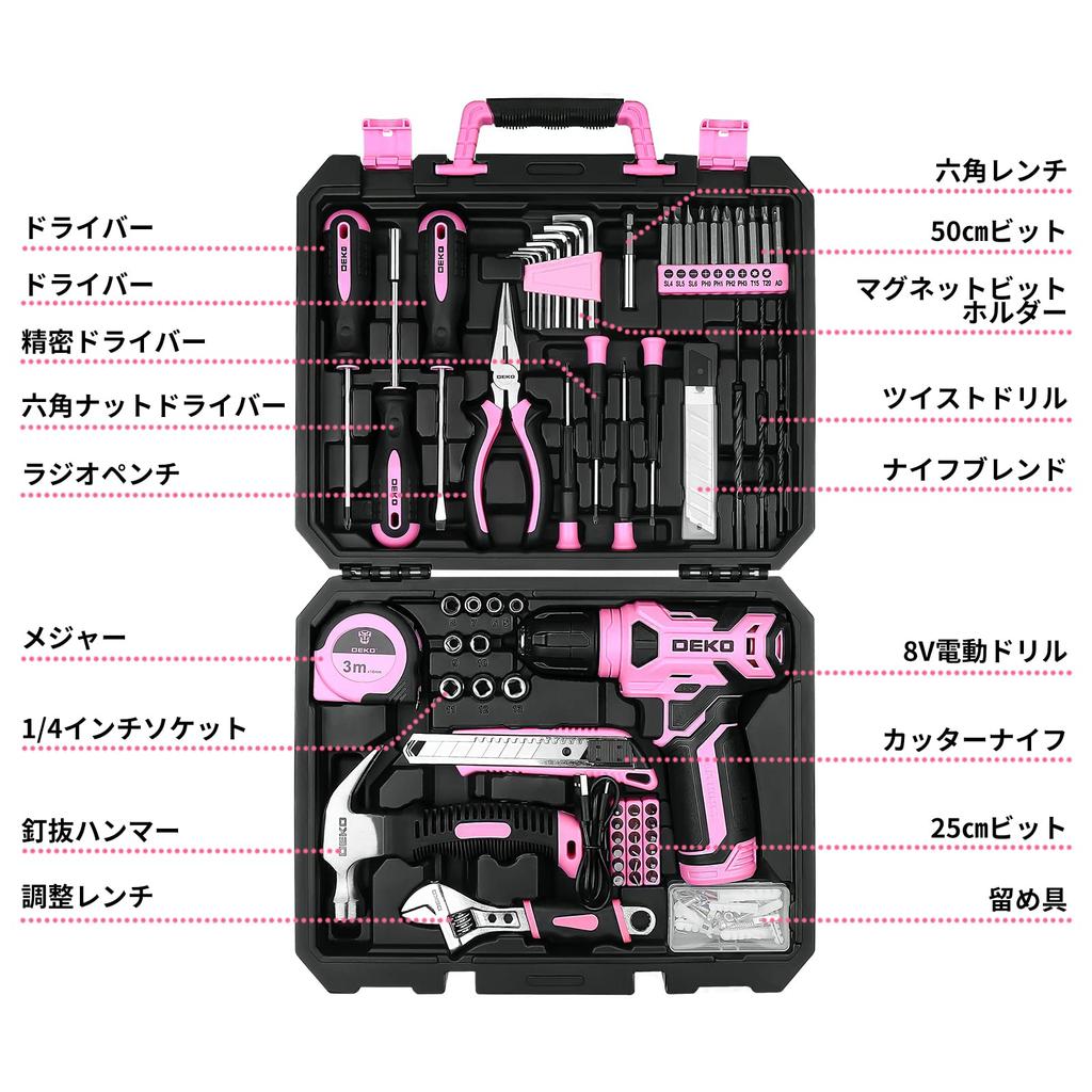Tool Set with 8V Electric for Home Furniture Home and Includes a Convenient Storage Case 126-Piece Drill, Pink, Use, DIY, Assembly, Maintenance,