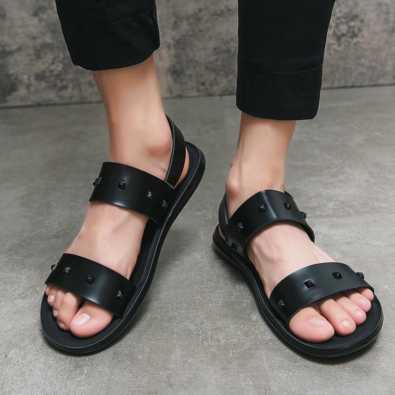 Men Roman Sandals Black White Leather Gladiator Sandals Outdoor Summer Roman Sandals for Men Peep Toe Open Toe Beach Shoes