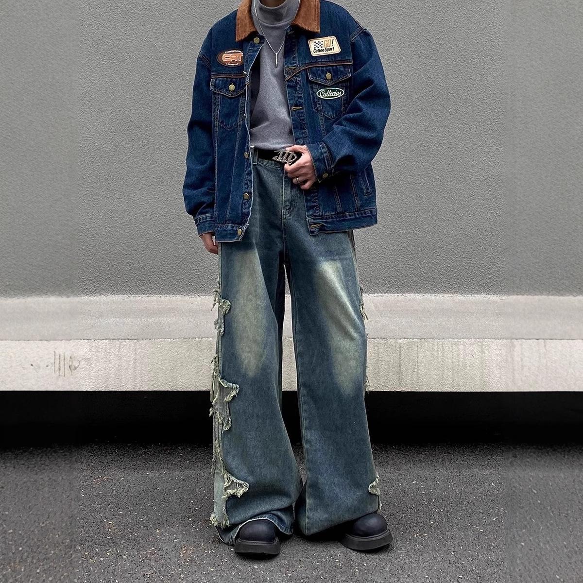 

American High Street Star Patch Jeans Men s Trendy Street Ruffian Handsome Loose Straight Wide Leg Mopping Casual Pants 3XL