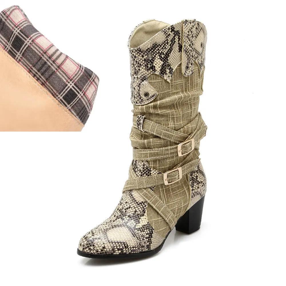 Hochwertige Damen-Schuhe mit Schlangenprint aus PU mit dickem Absatz Damen Winter High Boots Modische bedruckte warme Stiefel Große Größe
