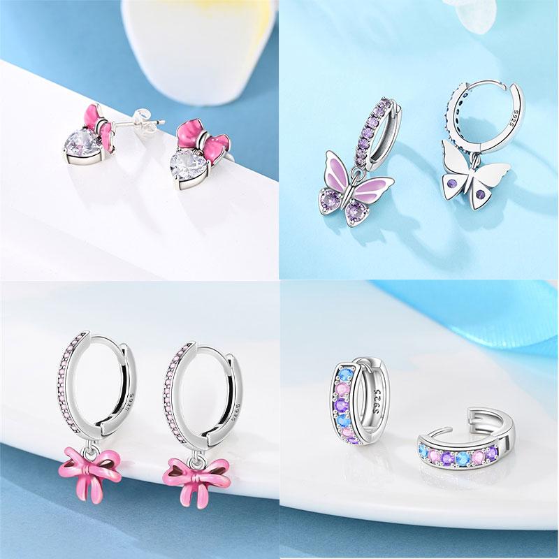 Pink Series Romantic Flower Butterfly Unicorn Tulip Geometry 925 Silver Earrings Boutique Fine Jewelry Gifts for Women