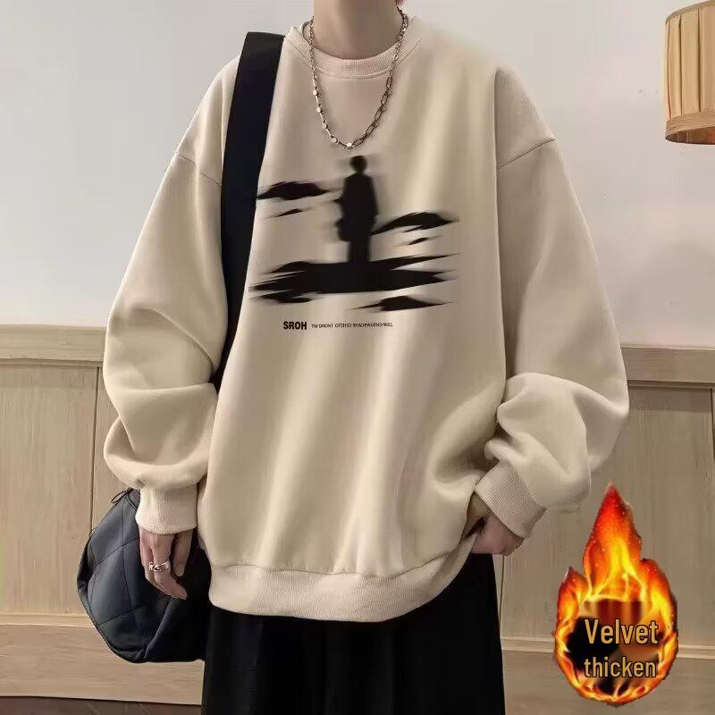 Men s American Retro Fleece-Lined Round Neck Sweatshirt, Heavyweight Cotton Casual Loose Top for Autumn/Winter. XL
