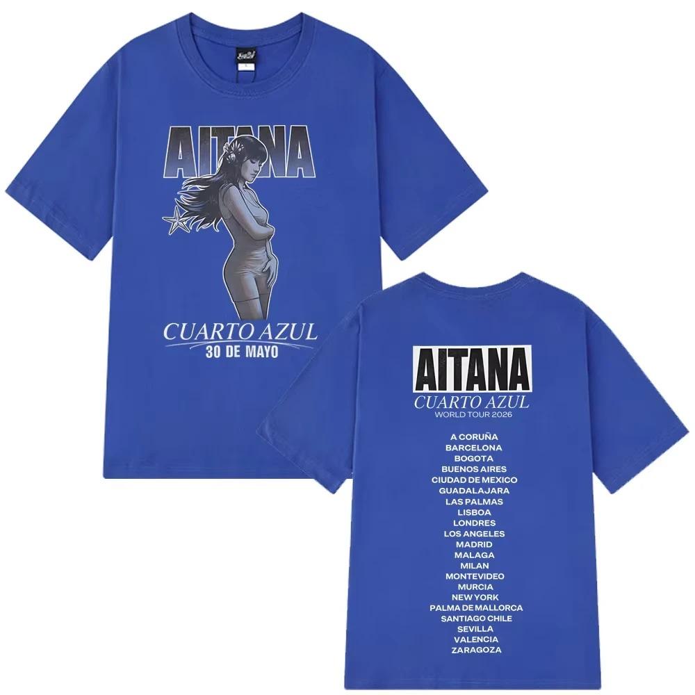 Camiseta Unisex Casual Blanca de Algodón para Mujer y Hombre con Gráfico de Concierto Aitana Cuarto Azul World Tour 2026