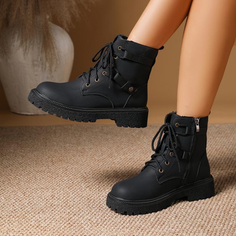 Fashion Fashion Metal Decoration Hiking Boots Women Autumn Round Toe Thick Bottom Side Zip Ankle Boots Comfort Non Slip Outdoor Shoes