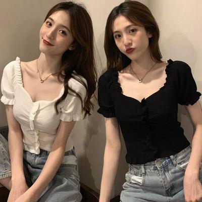 French Style Collarbone V-neck Knitted Sweater for Summer Plus Size Women's Short Sleeved T-shirt
