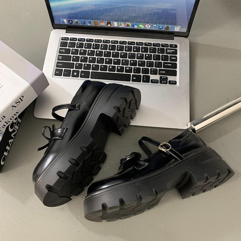 

Коричневые французские ретро-туфли на платформе с бантом, женские кожаные туфли 2025 года, универсальные летние туфли Мэри Джейн 35 чёрный