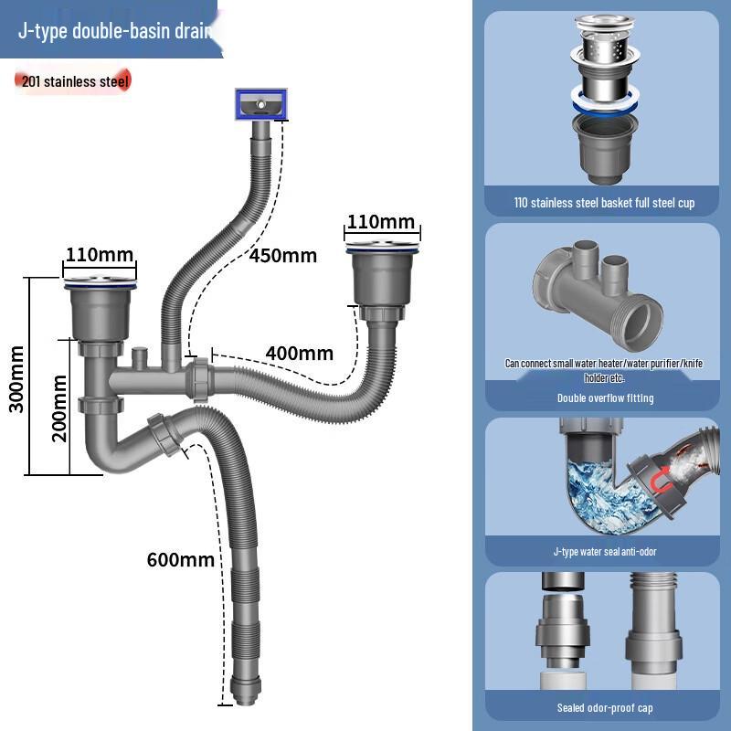

Double Sink Drain Pipe Kit with Anti-Odor Steel Cup