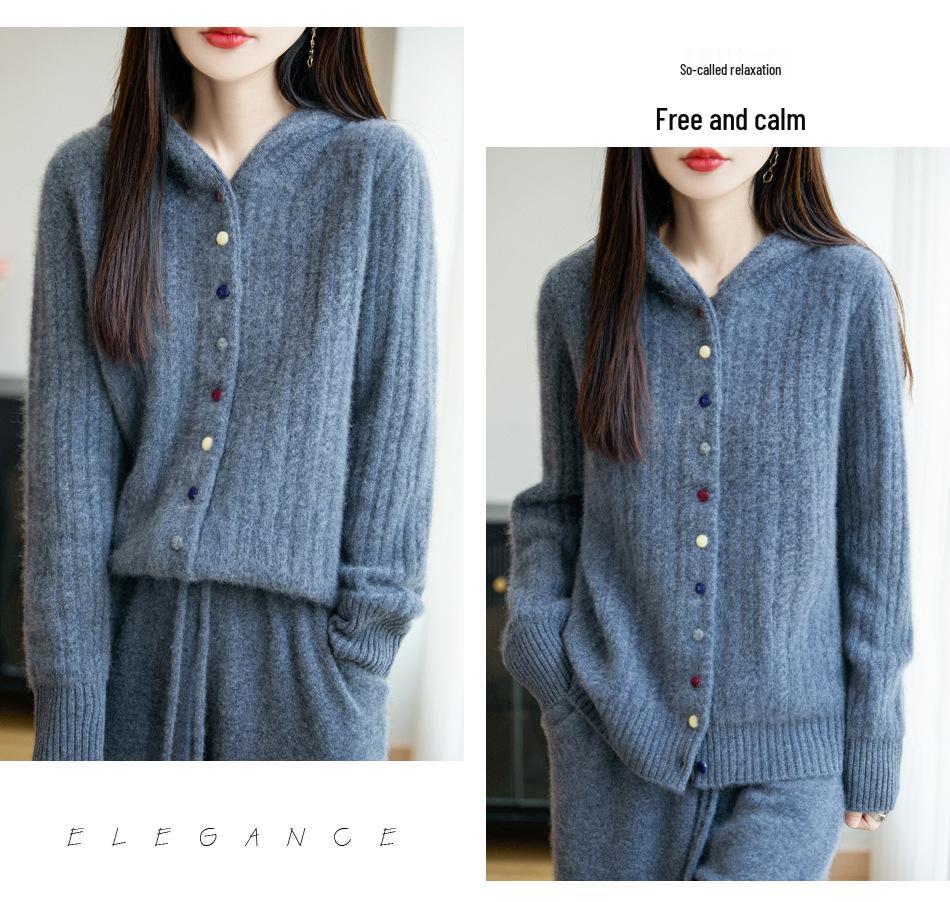 Damen Dicke Wolle Kapuzenstrickjacke - Herbst/Winter Locker gestrickter Pullovermantel