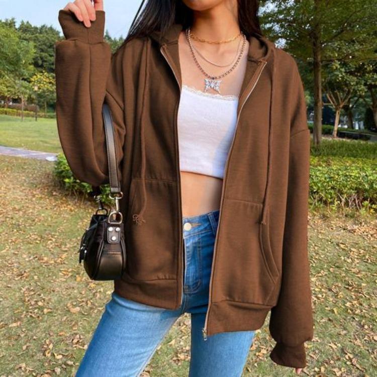 Women Autumn Sweatshirt Jacket Solid Color Hoodie Coat with Long Sleeves Drawstring Pockets Zipper Closure