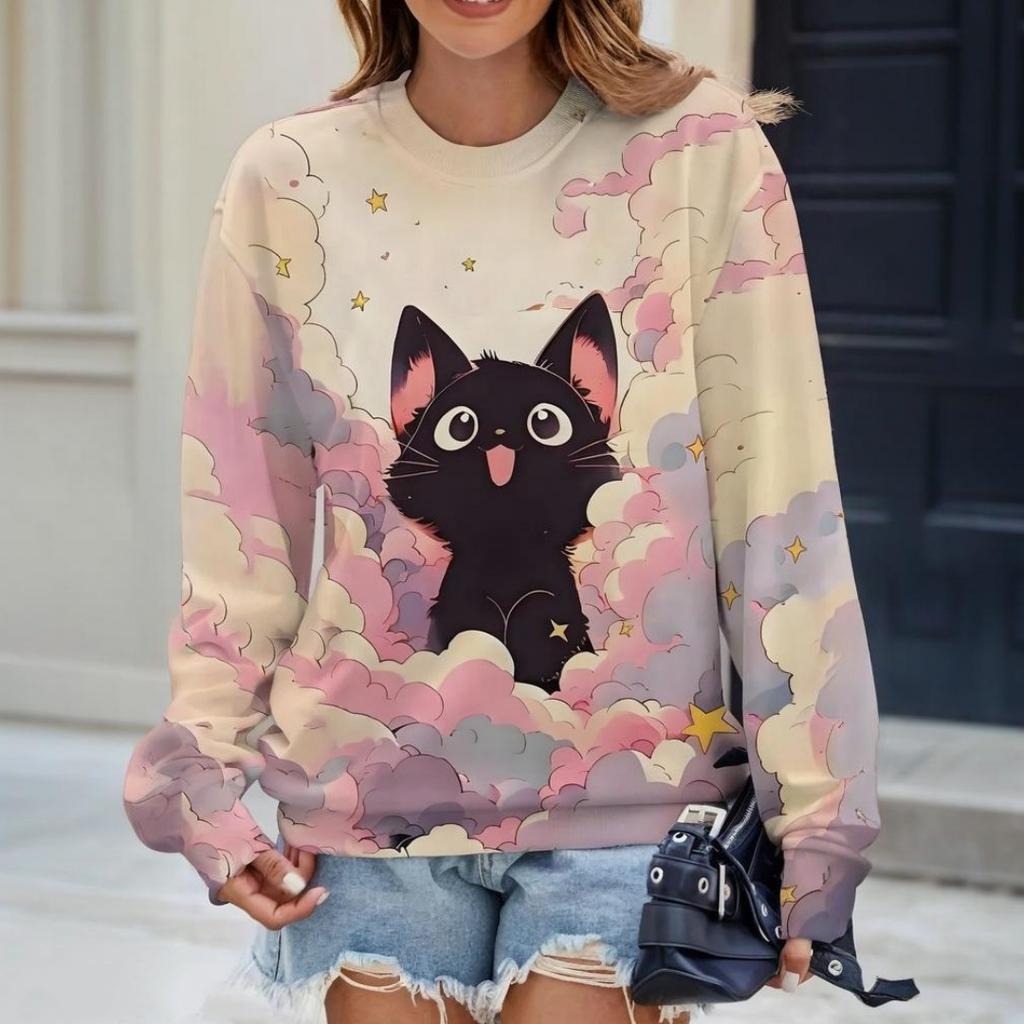 Loose Women's Long Sleeve T-shirt Cartoon Cat Printed Round Neck Design Autumn T-shirt Simple OverSize Women's Clothing