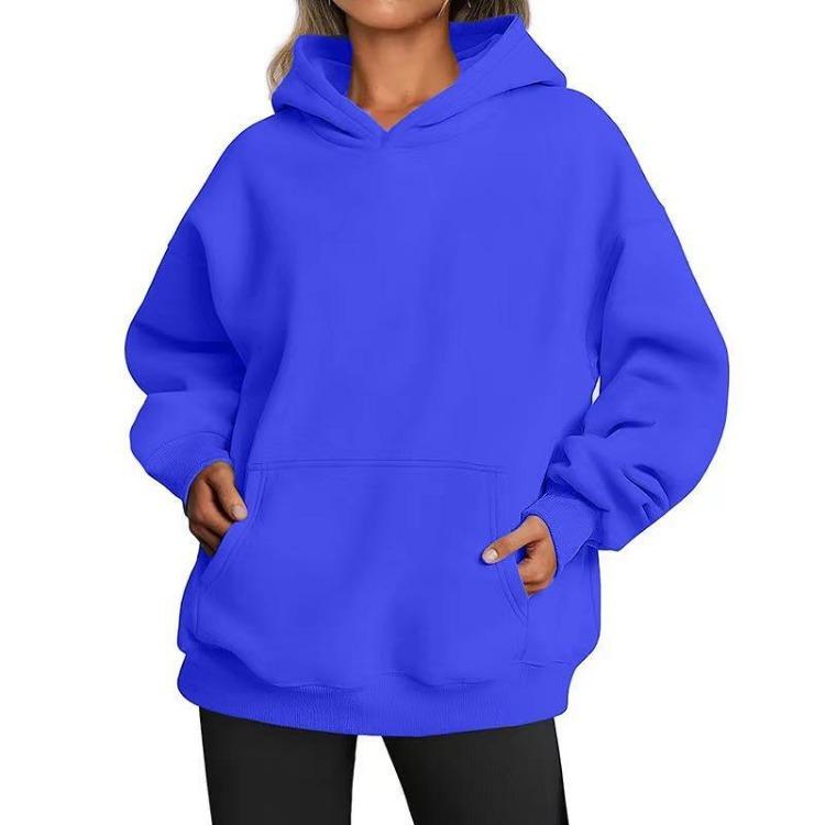 Women’s Hip Hop Street Style Fleece Hooded Sweatshirt Loose Fit Long Sleeve Warm Winter Autumn Solid Color with Pockets