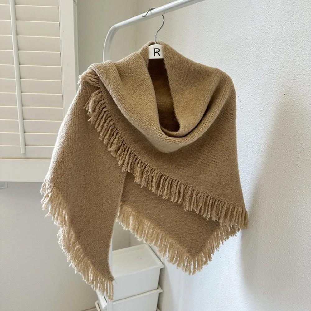 High Quality Winter Triangle Shawl Versatile Tassel Knitted Shawl Wraps Thickned Cold Proof Blanket Scarf for Women