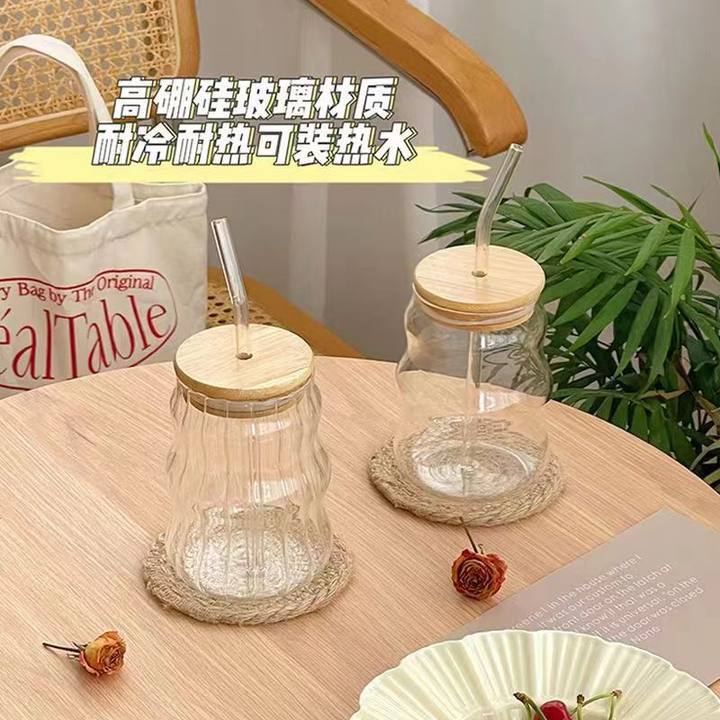 Cloud Cup Wind High Value Coffee Glass Cup Household Threaded Straw Cup High Borosilicate Glass Milk Tea Cup