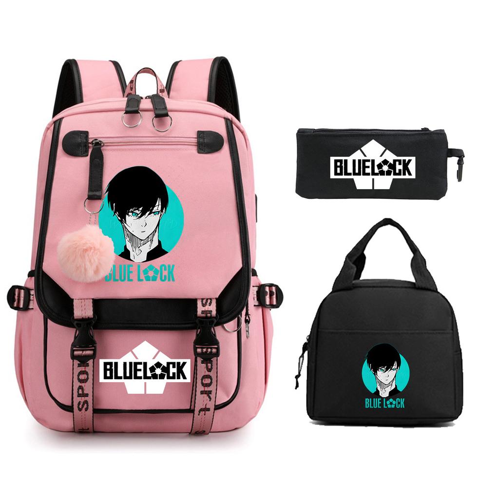 Blue Prison Student School Bag Children'S Meal Bag Casual Pencil Bag Three-Piece Set