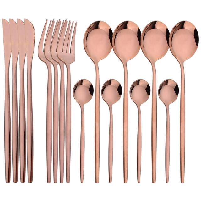 16dílná sada nádobí z nerezové oceli, zrcadlové nádobí, večeře, černá sada příborů, nůž, vidlička, lžíce, stříbrný příbor, kuchyňská sada