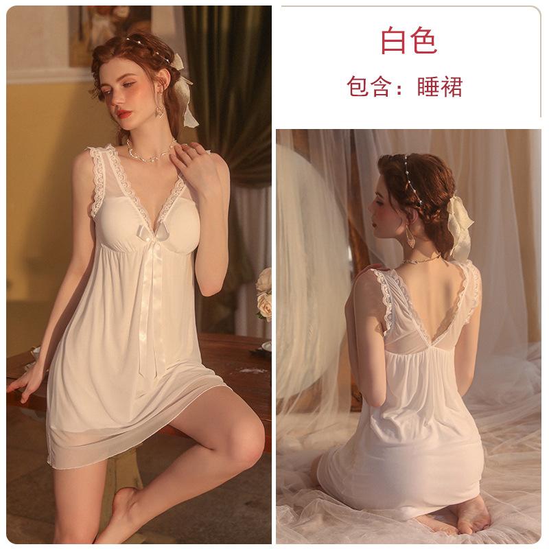 Women's Lace Padded Backless Sleep Dress with Mesh Robe Lounge Set