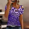 Women Leopard Print Cold Shoulder Short Sleeve T Shirt Irregular Cutout Neck Casual Summer Blouse Top
