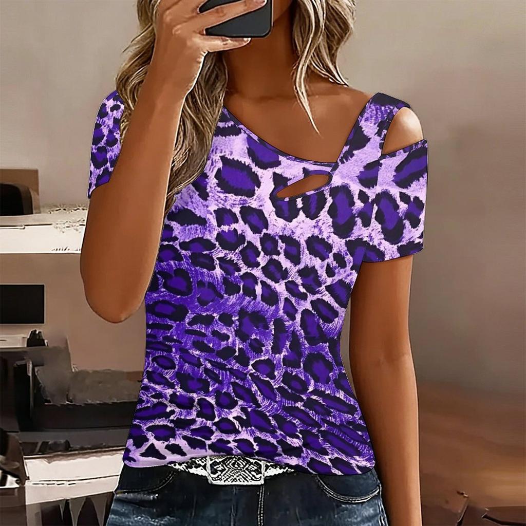 Women Leopard Print Cold Shoulder Short Sleeve T Shirt Irregular Cutout Neck Casual Summer Blouse Top