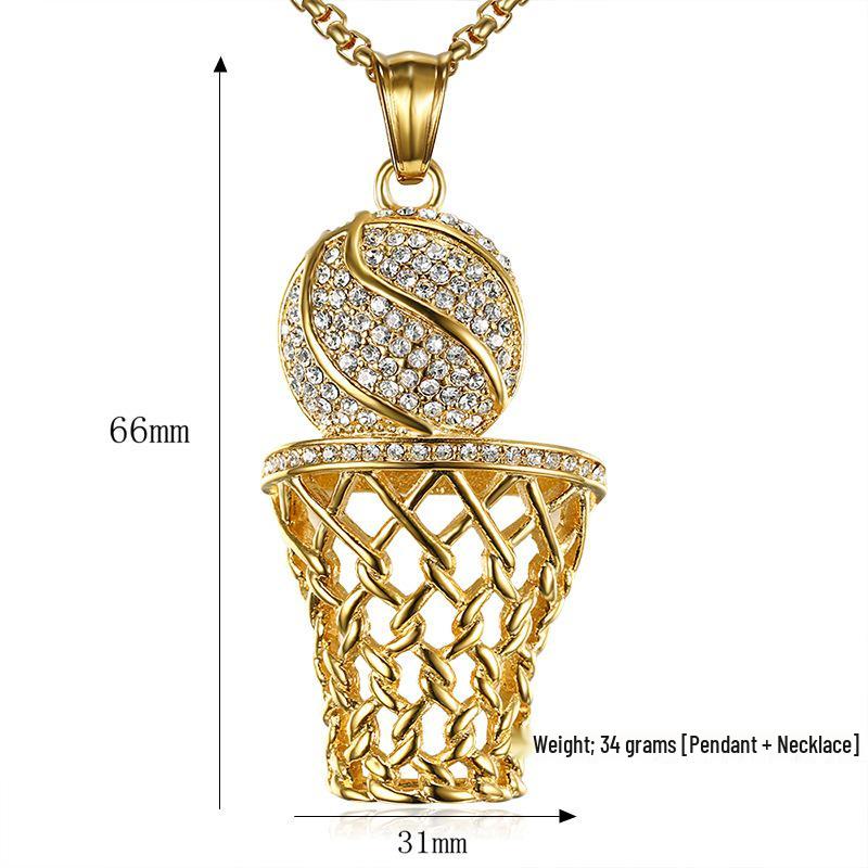 Gold Rhinestone Basketball Hoop Pendant Necklace, Hip Hop Style, Color-Preserving Titanium Steel