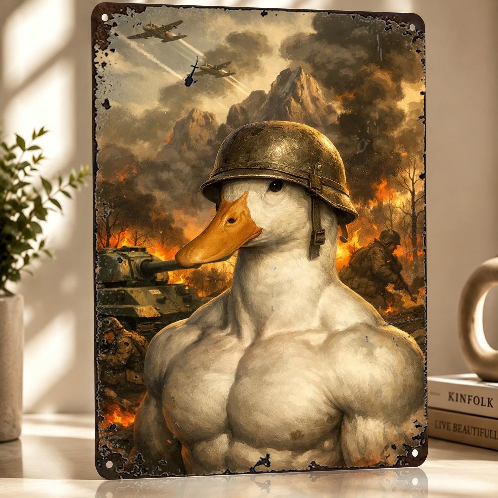 Muscular Duck Soldier In War Scene Personalized D Textured Metal Poster Wall Art Tinplate Sign for Luxury Decoration Home Room