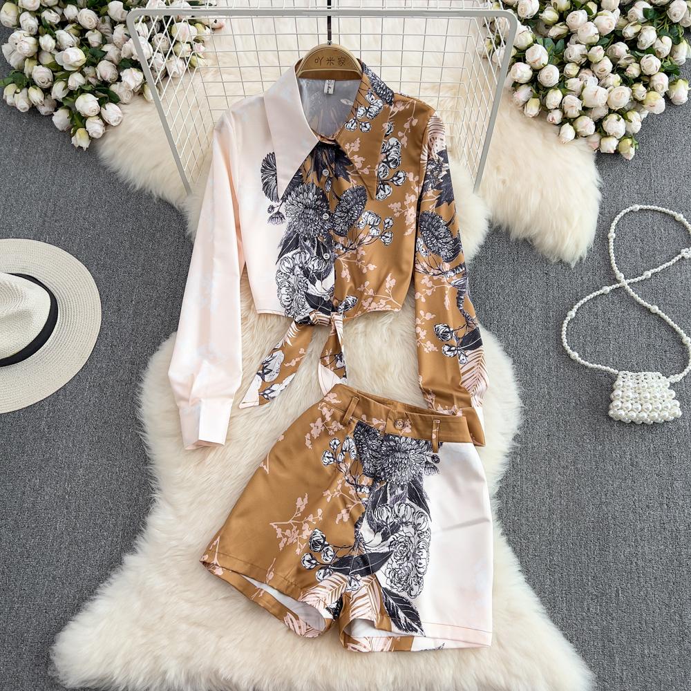 

RUGOD Модный костюм, женская рубашка с цветочным принтом, женский свободный короткий топ в стиле ретро, ​​тонкие широкие шорты с высокой талией из двух предметов