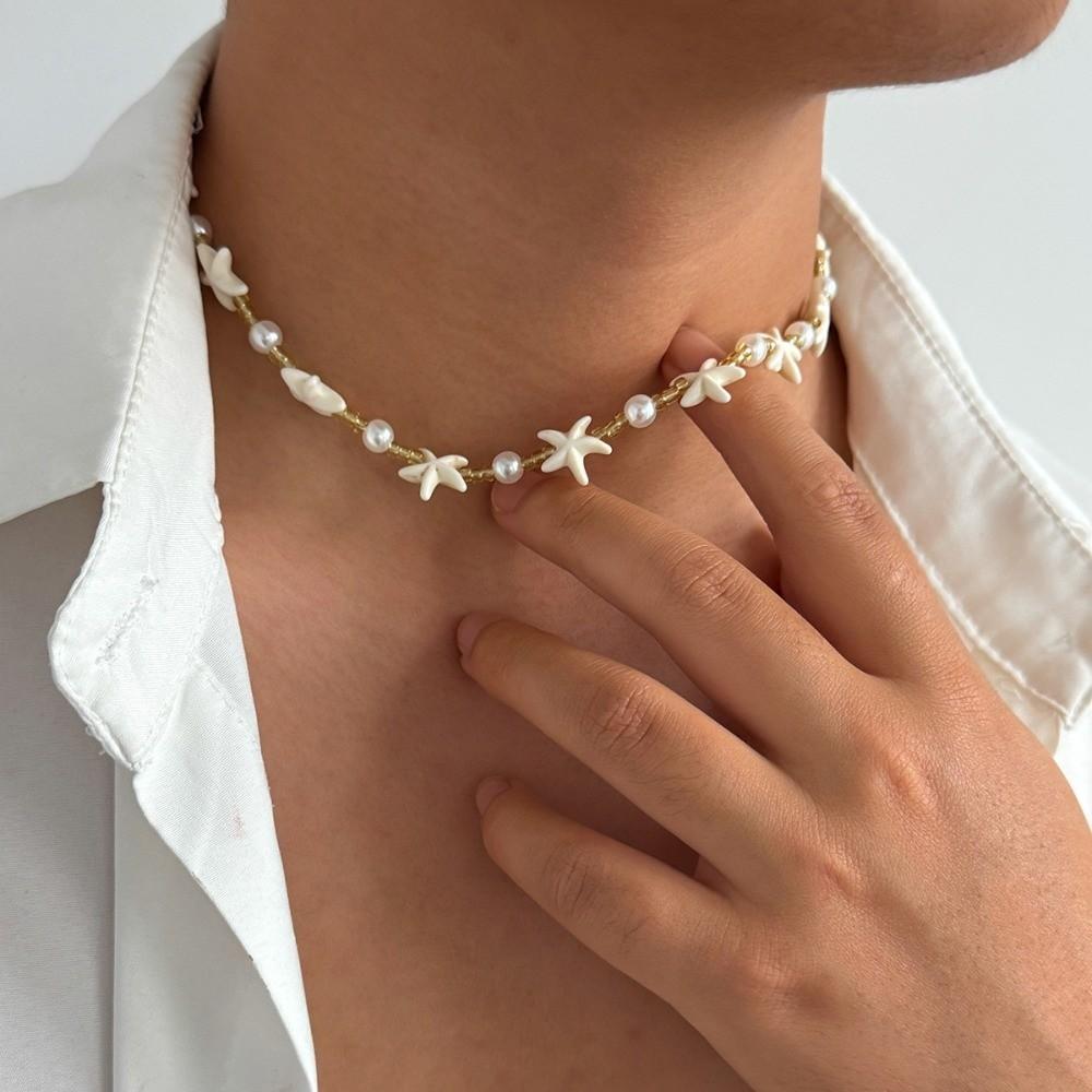 Adjustable Imitation Pearl Choker White Goth Clavicle Chain Vintage Boho Starfish Necklace Jewelry