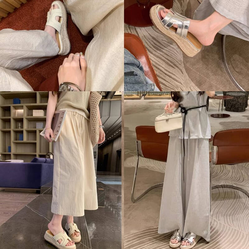 Height-increasing Ruth slippers women's summer straw woven one-word slope heel H cool slippers