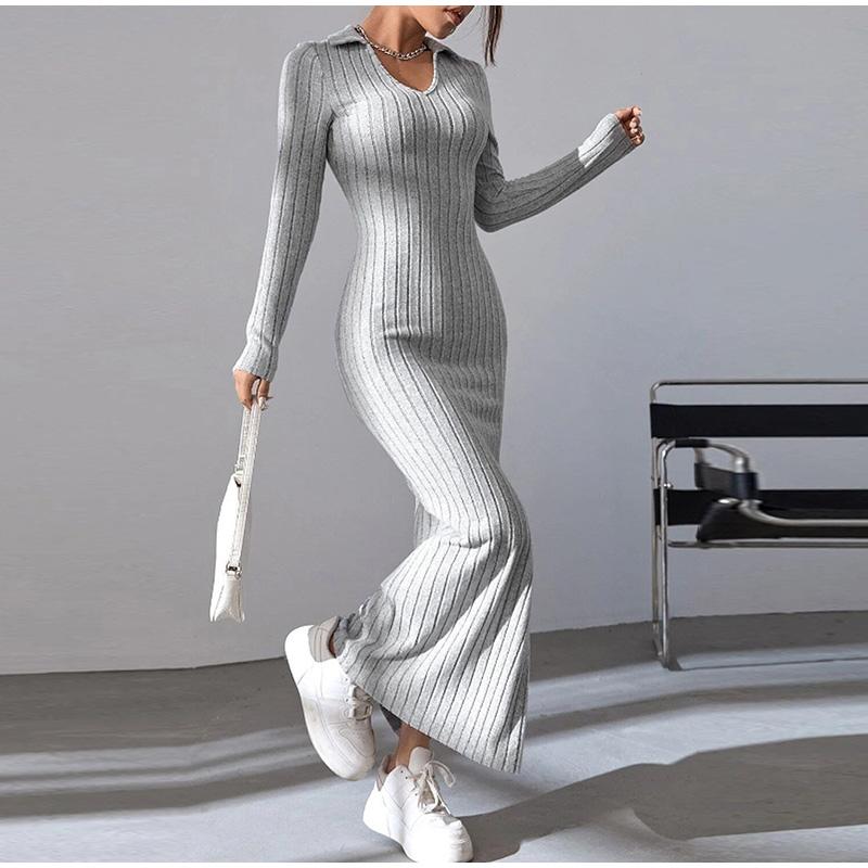 Women's Knit Dress Fall Casual Long Sleeve Lapel Collar Solid Color Bodycon Long Dresses Maxi for Female Going Out Streetwear