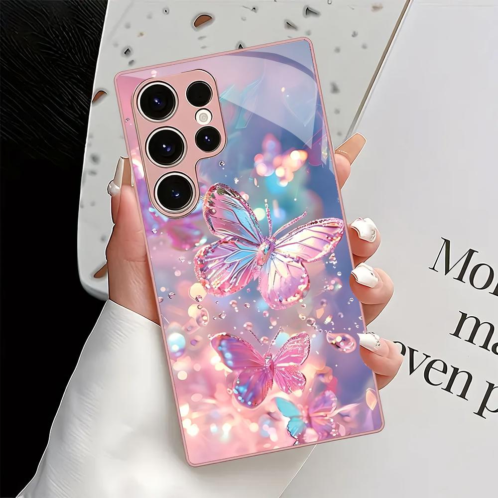 Beautiful Butterfly Metallic Glass Phone Case Suitable for Samsung Galaxy S26 S25 S24 S22 S21 S20 FE/Ultra/Plus Anti Drop